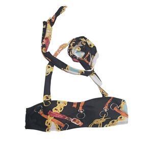 Black Colorful Western Buckle & Gold Chain Swimsuit Bikini Top w Neck Tie Around